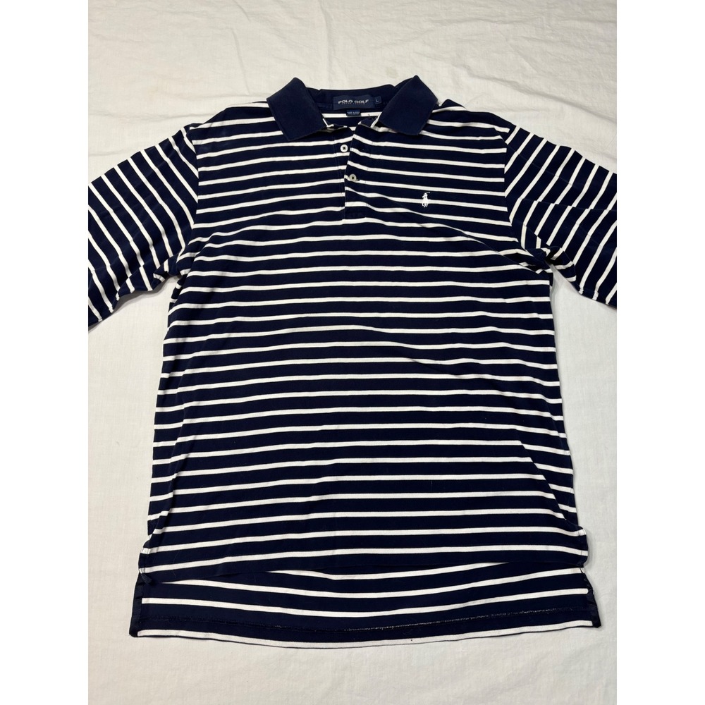 Polo Golf Ralph Lauren Mens Large Navy Blue White Striped Cotton Polo Shirt